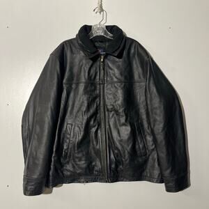 Chaps 1978 Leather Full Zip Up Fleece Collar Outerwear Black Jacket Mens Size XL